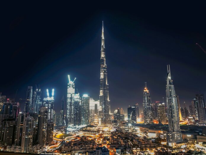 city skyline during night time