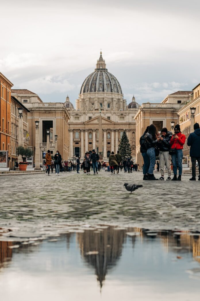 a group of people standing in front of a building