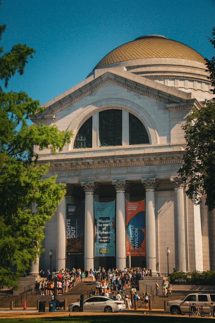 A large building with columns and a dome