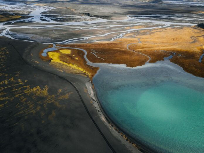 A large body of water surrounded by land